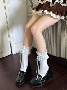 1 par de calcetines cortos de mujer con decoración de cinta estilo japonés lindo