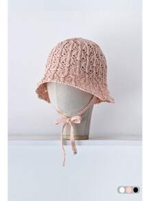 1pc Plain Simple Sweet Straw Bucket Hat, Ribbon Tie Design, Niche Fashion Versatile Breathable Hollow Foldable Beach Sun Hat For Resort