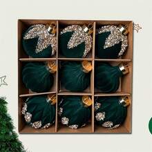 Christmas Ball Ornaments Set Of 9 Sequin Flocked Christmas Hanging Decorations For Christmas Tree Home Holiday - 綠色 - 查看 3