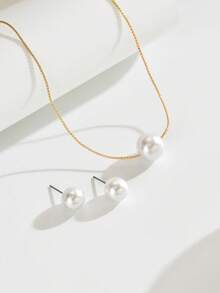 3 件套优雅法式项链 + 耳环首饰套装，时尚精致的单颗人造珍珠，简约设计，适合日常佩戴、节日、婚礼、四季 - 白色 - 查看 4