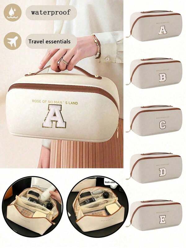 PU 皮革防水化妆包，带字母化妆品收纳包，大容量宽敞双层化妆包，多功能女士旅行手提包，洗漱包，化妆品整理和收纳，浴室整理和收纳，旅行必需品，邮轮必需品，旅行配件，浴室收纳，珠宝收纳，唇膏收纳，指甲油收纳，复活节礼物，伴娘礼物，母亲节礼物