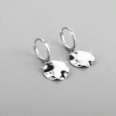 925 Sterling Silver Asymmetrical Fashion Minimalist Smooth Round Disc Hoop Earrings For Women