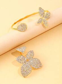 1 Set Boho Floral Open Ring Bangle Bracelet Set For Women, Minimalist Crystal Flower Bride Wedding Jewelry Accessories