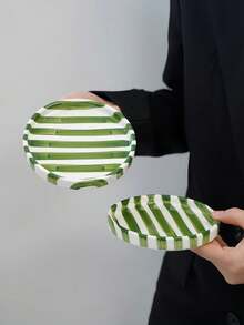 1件/2件/4件绿色条纹陶瓷盘，简约欧式竖条纹陶瓷甜点盘，小吃盘，适用于家居、派对、礼品、女士珠宝托盘