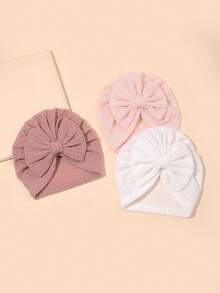 Set de 3 gorros de bebé recién nacido en unicolor, elásticos, con venda de moño - Multicolor - Ver 24