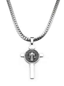 Colar com pingente de cruz cristã de Jesus CSPB INRI para mulheres e homens, corrente religiosa de aço inoxidável de São Bento