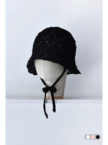 1pc Plain Simple Sweet Straw Bucket Hat, Ribbon Tie Design, Niche Fashion Versatile Breathable Hollow Foldable Beach Sun Hat For Resort