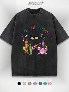 Childhood Memories Of Pete Cat Pure Cotton Short Sleeved Round Neck T-Shirt, Retro Washed T-Shirt - Retro Washed Appearance, Comfortable Casual T-Shirt - Black - View 1