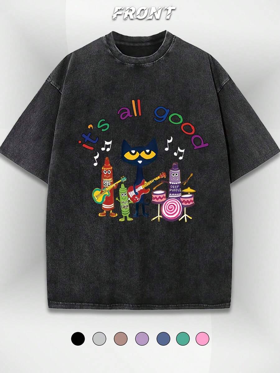 Childhood Memories Of Pete Cat Pure Cotton Short Sleeved Round Neck T-Shirt, Retro Washed T-Shirt - Retro Washed Appearance, Comfortable Casual T-Shirt - Black - View 1