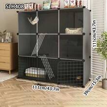 Indoor Cat Cage, Enclosed Cat Villa With Litter Box, Large Space For Cats, Grey Multi-Layer Cat House - Multicolor - View 6