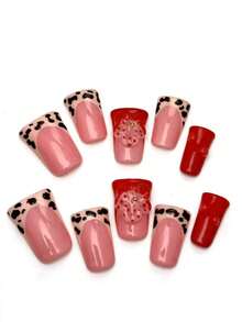 10 Pieces Of Handmade Duckbill Nail Art, Y2K Retro Style, Suitable For Spring And Summer. It Combines Gradients, Carvings, Three-Dimensional Decorations (Flowers, Pearls, Sequins, Bows, Stars) As Well As Hand-Painted Dots And Tiger Patterns, Which Are Both Gorgeous And Unique, Fashionable And Wear-Resistant, Suitable For Women And Girls. - Multicolor - View 2