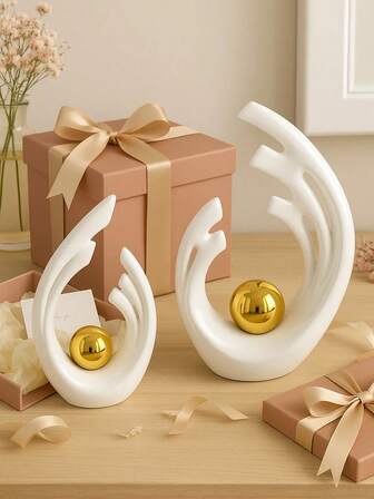 1/2 件白色和金色球体雕塑 - 现代抽象极简主义装饰，适用于客厅、卧室、办公室 | 乔迁礼物 | 感恩节和秋季季节性造型