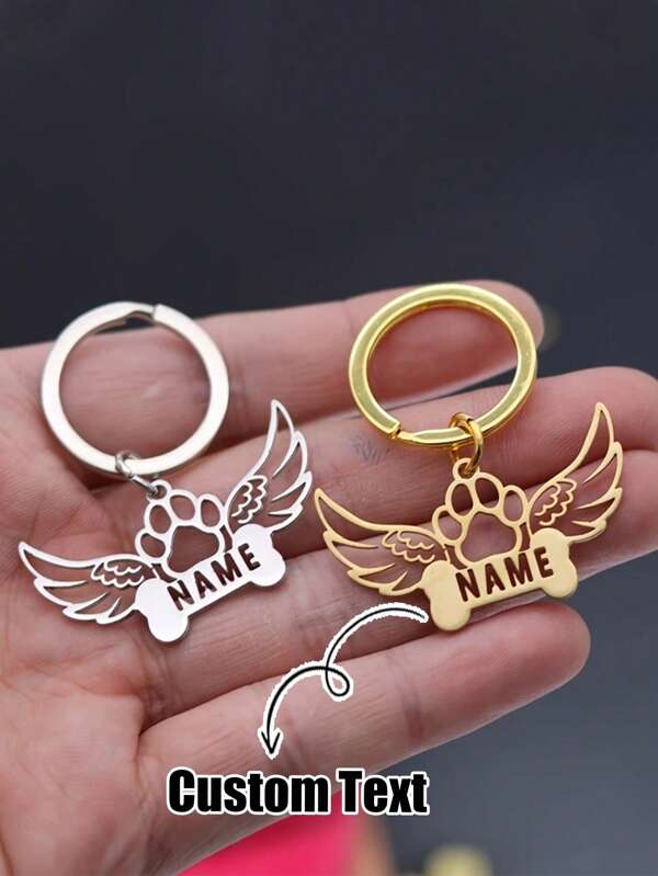 Customized Pet Keychain - Personalized Name & Dog Paw Print With Wing Charm - Stainless Steel Key Chain - Add Name - Dog Owner Birthday/Anniversary Gift - Unisex - Durable Daily Jewelry Keepsake, Handmade Angel Wing Design