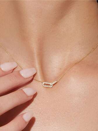 Collar con colgante de clip de papel y dije de aro doble pavimentado con zirconia, chapado en oro de 14k, versátil gargantilla para uso diario, citas, fiestas