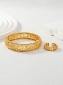 2pcs Set: 22K Gold Plated Hollow Cross & Wheat Pattern Bangle Bracelet And Ring Middle Eastern Saudi Arabia Style Jewelry, Gift For Family And Friends