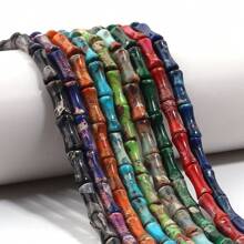 Approx. 32pcs Natural Bamboo Node-Shaped Imperial Jasper Beads, Multi-Styles, Retro Oil Painting Dark Color, DIY Craft Loose Spacer Beads, Suitable For Bracelet, Necklace, Jewelry, Pendant, Decoration Accessories