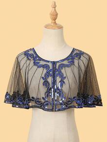 1 件 20 世纪 20 年代优雅复古亮片女式斗篷，轻盈闪亮蕾丝披肩斗篷开衫 - S41697-黑藍色 - 查看 1