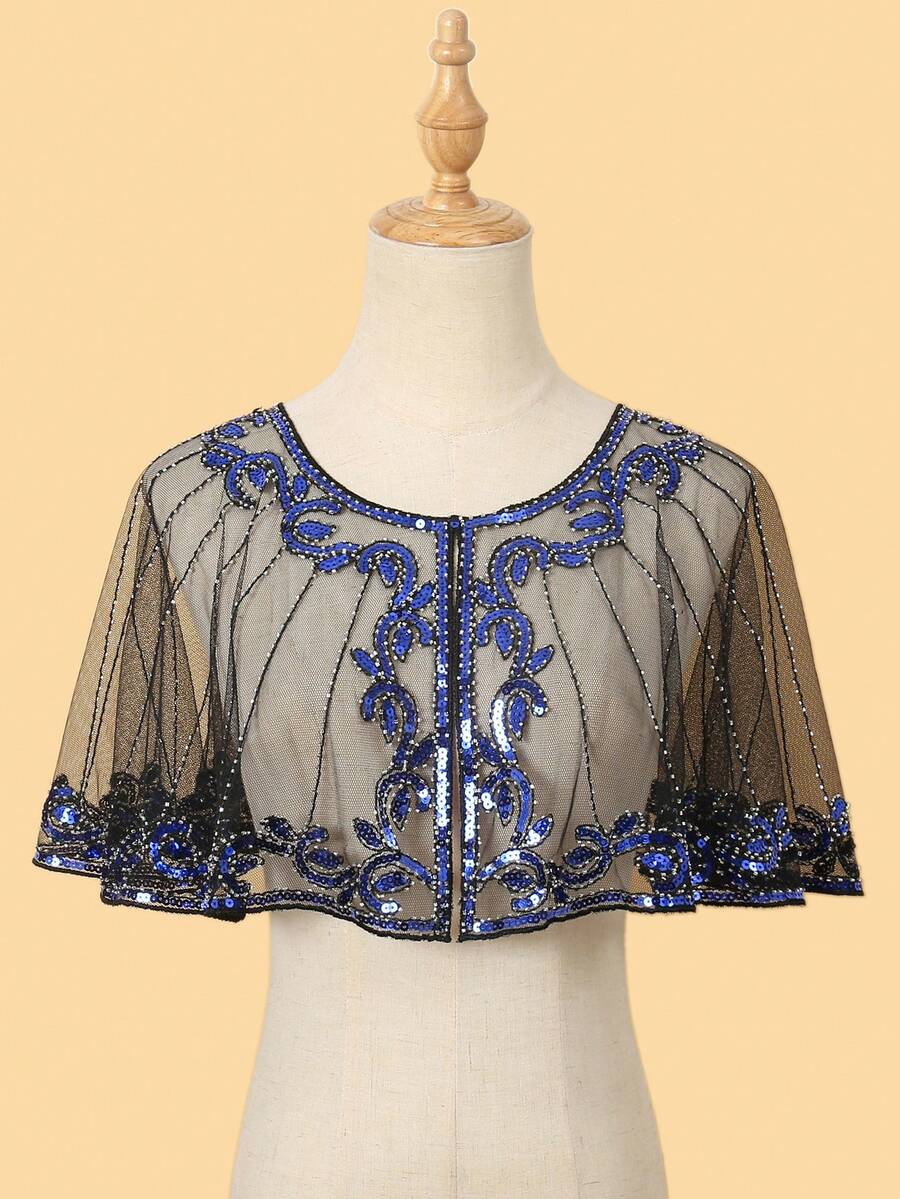 1 件 20 世纪 20 年代优雅复古亮片女式斗篷，轻盈闪亮蕾丝披肩斗篷开衫 - S41697-黑藍色 - 查看 1