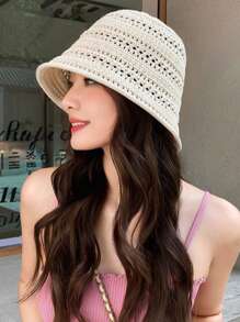 1pc Women's Summer Fashion Hollow Woven Bucket Hat, Outdoor Small Brim Knitted Basin Cap, Versatile Sun Hat