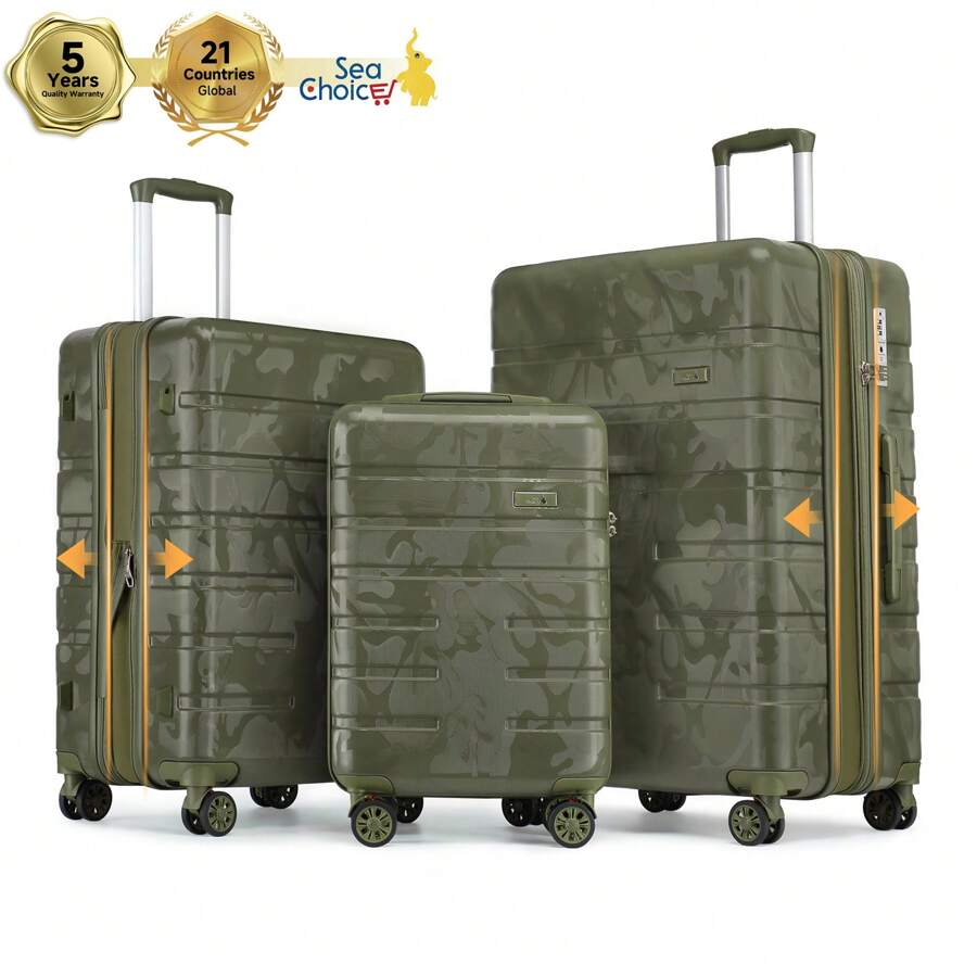 Sea Choice Luggage Set 3 Piece 24/28 Inch Expandable RPO Hard Shell Camouflage Suitcases RyanAir 55 X 35 X 20cm Cabin Suitcase TSA Lock YKK Zipper Spinner Wheels With Spring Shock Absorber Brake Function