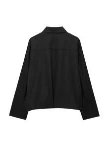 女士拉链外套宽松长袖休闲新款外套2024时尚女式飞行员夹克短款夹克女士黑色春季 - 黑色 - 查看 2