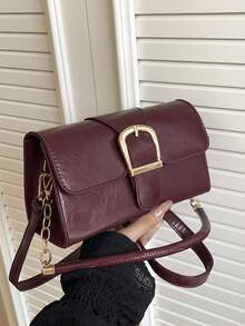 新款女士皮革锁扣方形小号单肩斜挎包，时尚简约通勤腋下百搭优雅女士手提包 - Red Plum - 查看 14
