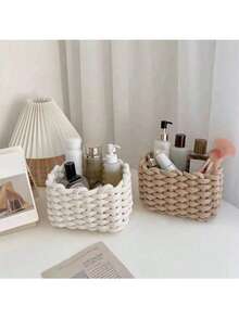 棉线编织方形收纳篮，日式米色收纳篮，用于桌面杂物收纳、零食玩具及钥匙收纳整理方形手工编织棉绳桌面收纳篮，用于整理收纳杂物零食手工草编软收纳 - 米色 - 查看 10