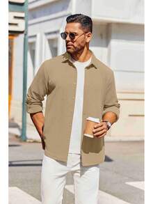 Men's Overshirt Shacket Jacket Mens Textured Button Down Long Sleeve Shirts Fashion Jacket - Màu xanh Ô liu - Xem 2