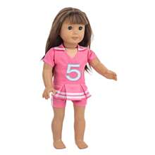 1 Set Pink Short Sleeve Top And Shorts Outfit For 18-Inch Doll, Embroidered Numeric Striped Design, Does Not Include Doll And Shoes, Perfect Gift For Little Girls On Holidays And Birthdays