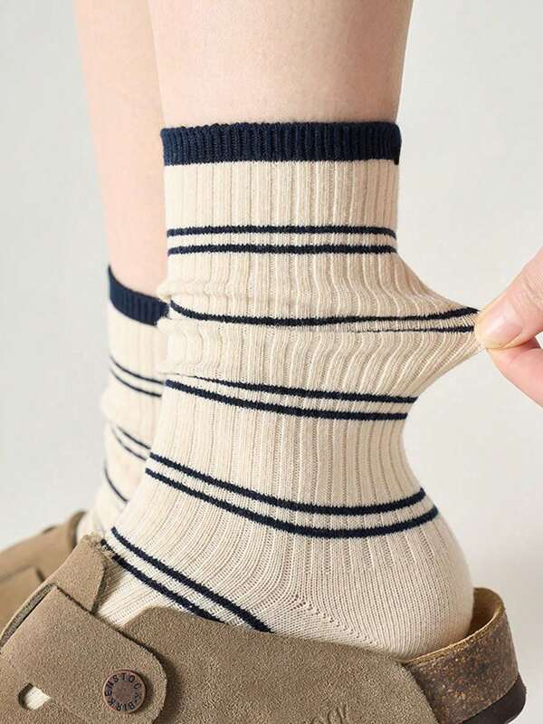 2 Pairs Unisex Striped Mid-Calf Socks, Versatile Casual Socks Suitable For Daily Wear