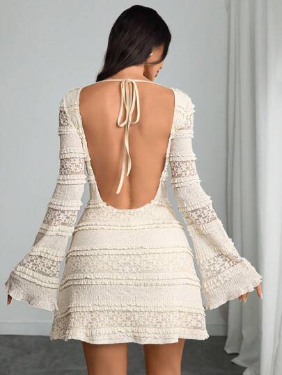 فستان أنيق حديث للسيدات مثير رومانسي من الدانتيل طبقة مزدوجة وبظهر مكشوف