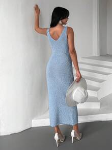 Women's Solid Color Co-Ords, Casual Elegant Open Back Ribbed Split Design - Blue - View 2