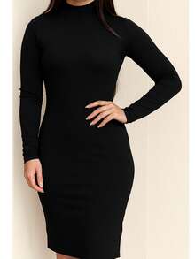 Ribbed Knit Midi Dress With Long Sleeves And High Neck - Black - View 2
