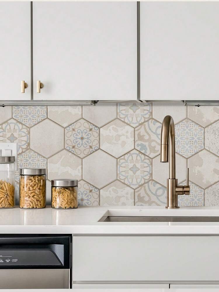 SUPSTICKER גליל 1 מדבקות אריחי משושה עם דוגמא משושה, מדבקות אריחי קרמיקה עמידות למים דביקות למטבח, קישוט קיר חדר אמבטיה, 47.2x11.81 אינץ'/11.81x141.73 אינץ'/11.81x188.78 אינץ' עיצוב מטבח - ריבוי צבעים - ראה 16