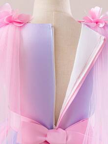 Girls Colorful Ombre Dress, Children Rainbow Princess Butterfly Sleeve Tulle Ball Gown Puff Skirt Flower Trailing Special Occasion Party Long Dress For Little Girls Wedding Birthday Festival - Multicolor - View 9