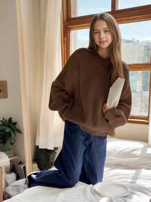 1pc Girls Casual Thick Pullover Sweater, Comfortable Student Knitwear For Autumn/Winter - Soft & Comfortable Solid Color Sweater, Brown Knitted Sweater