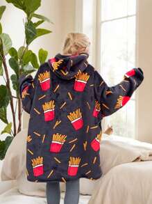 1pc French Fry Printed Hoodie Blanket, Flannel, 48inch Extra Large Loose Casual Hooded Wearable Couple Throw Blanket, Suitable For Men And Women, Sleepwear
