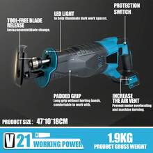 IKUNQUAN Cordless Reciprocating Saw 18V, Electric Sabre Saw With 2x 3.0AH Batteries And Charger, 4 Saw Blades, 3500RPM Variable Speed, For Metal, Wood, PVC Pipe - Màu xanh lam - Xem 7