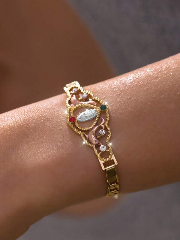 1 Simple Divine Classic Zirconia 14K Gold-Plated Smiling Angel Dolphin Bracelet In European And American Styles, Suitable For Mothers/Couples/Best Friends/Best Partners, And Can Be Worn For Prayer On Daily Or Holiday Occasions, Featuring The Virgin M