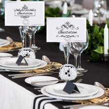 10 piezas Soportes para fotos + 10 piezas Soportes para tarjetas de nombre de bolas de discoteca doradas, soportes para números de mesa con bolas de discoteca doradas y alambre retorcido, y tarjetas de lugar para exhibir el menú en bodas, fiestas de cumpleaños (5 cm)