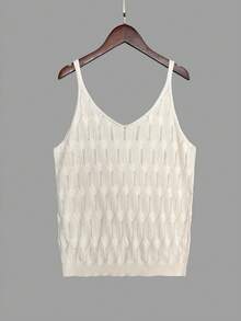 Women Simple Solid Color Sheer Mesh Texture Knitted Tank Top, For Daily Wear, Summer - Milky White - View 8