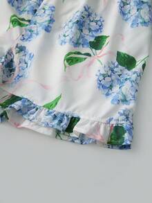 Women Y2k Floral Pajama Set Bow Tie Shoulder Strap Sleeveless Flowy Smocked Crop Tank Top And Ruffle Boxer Shorts Sets 2 Summer Cute Sleepwear Pjs Loungewear - 藍色 - 查看 10