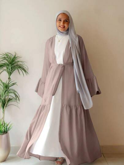 2 Pieces Set: Elegant Chiffon Pleated Abaya Long Sleeve Dress With Lightweight Outer Jacket Cover-Up