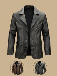 男士休闲缺口翻领三扣复古机车仿皮西装外套，复古做旧单排扣多口袋设计金属拉链前开合，防风外套，适合派对/商务，秋冬