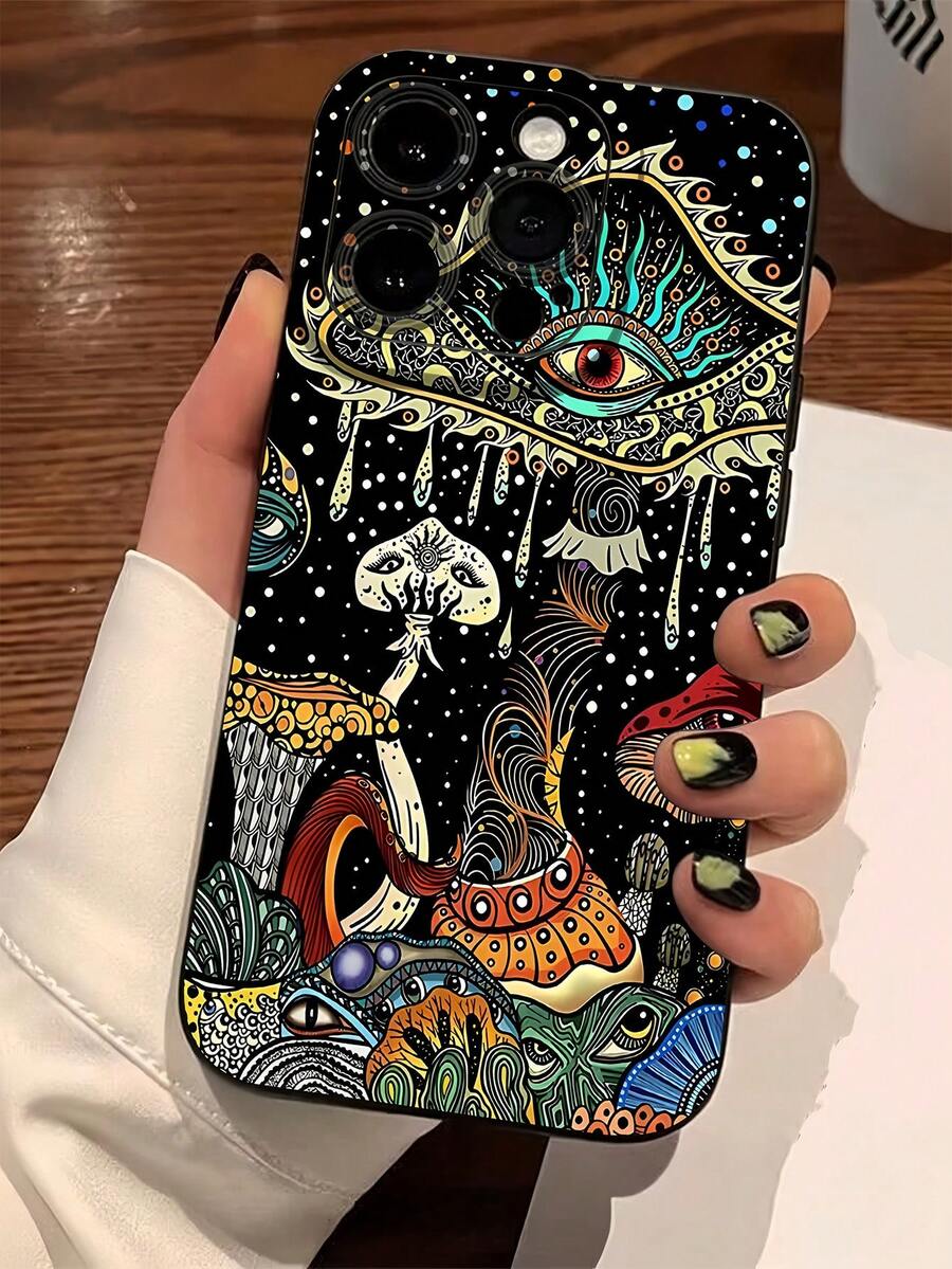 蘑菇款 1 件黑眼猫头鹰图案全覆盖 TPU 防震手机壳，适用于 Apple 16、15、14、13、12、11 Pro Max 和智能手机系列