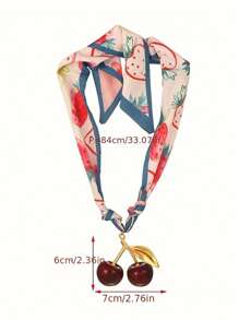 1pc Bohemian Style Creative Fashion Light Luxury Elegant Copper Cherry Printed Fabric Scarf Necklace Ladies Sister Couple Graduation Jewelry Gift, Suitable For Daily Dating Party Holiday Gift Summer Beach Vacation Wear