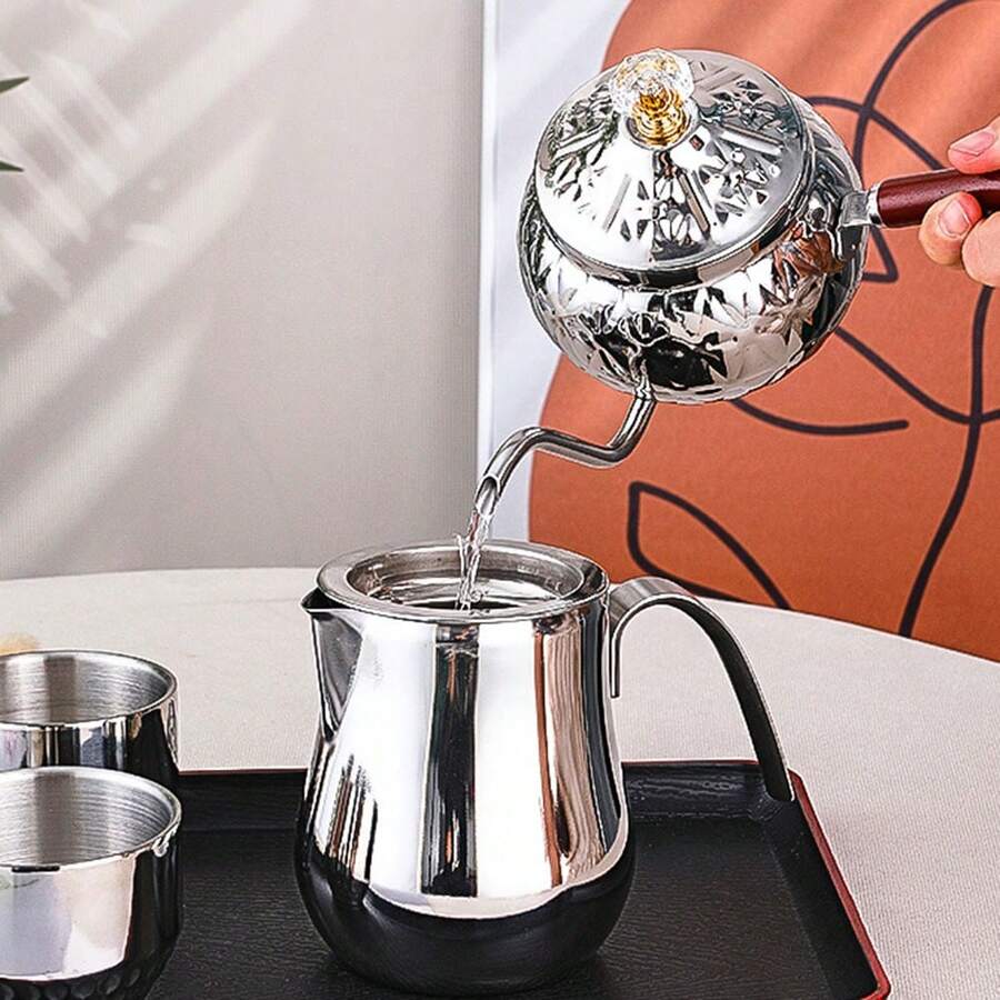 1pc Stainless Steel Mocha Pot, Household Coffee Pot, Teapot Cup, Double Valve Coffee Brewing Utensil, Outdoor Extraction Pot