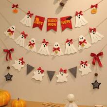 Vintage Cute Red Bow & White Bell Ghost Halloween Party Decorative Banner, Wall Hanging Pennant