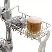 1 pièce Nouveau porte-savon de robinet d'évier de cuisine en acier inoxydable, étagère réglable en hauteur pour rangement d'éponge et de serviette près de l'évier