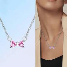 3 Pieces Pink Love Necklace Bow Earrings Sterling Silver Shining Zirconia Earrings - Butterfly - View 5